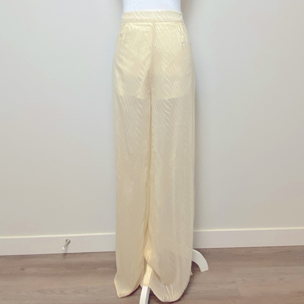 Bebe woman wide leg sheer side slit pants texture shine pattern partial lining